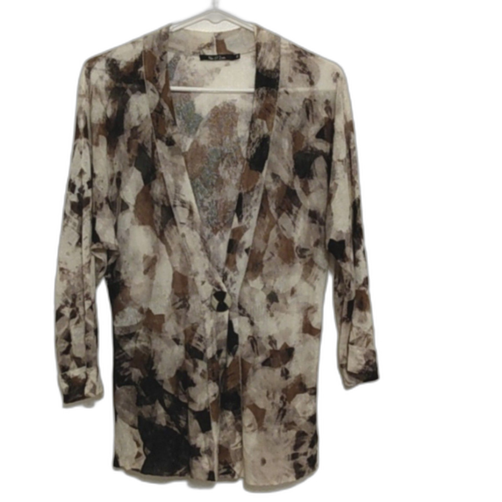 Nic + Zoe Cardigan Sweater Women M Linen Viscose Blend Brown Abstract Print